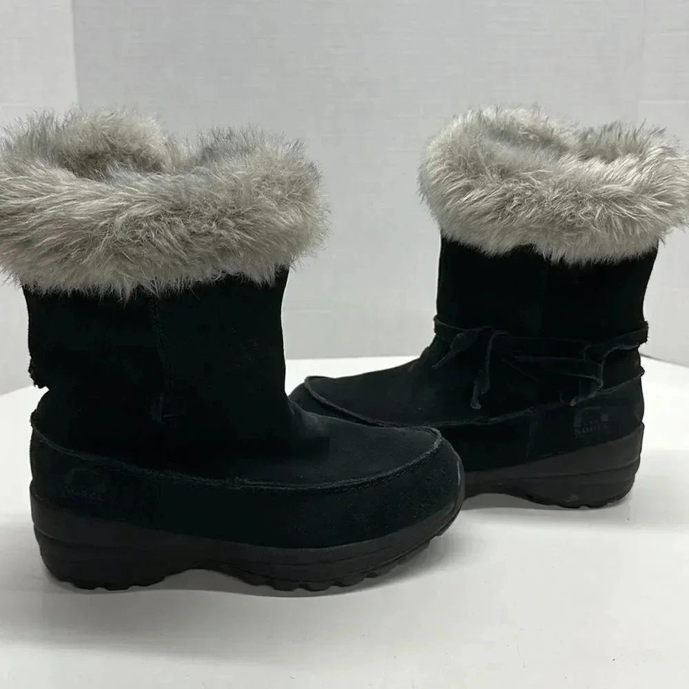 Sorel Nothern Lite Tall Snow Waterproof Black Suede Faux Fur Side Zip Boots 7